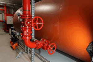Sprinkleranlage mit rotem Rohrsystem und Sprinklertank – Beispiel für Sprinklertank-Sanierung durch musmanndirect Anlagenbau in Deutschland.