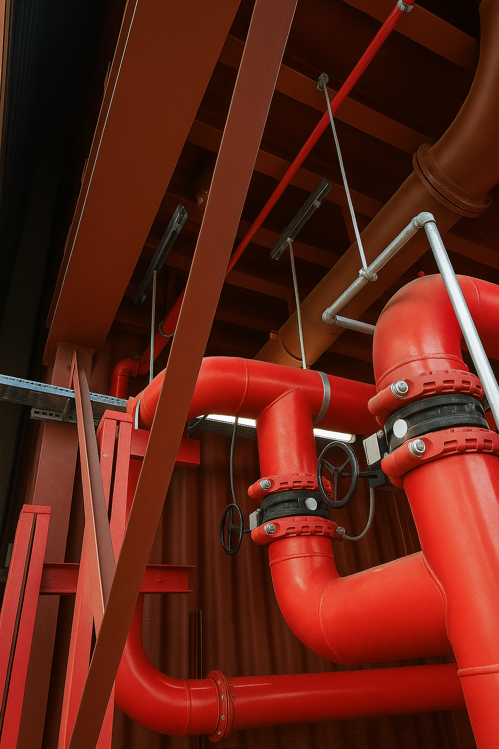 Rohrsystem einer Sprinkleranlage mit Flanschverbindungen, Absperrventilen und Stahlträgern im Technikbereich