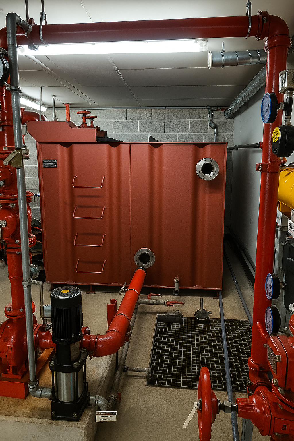 Wasservorratsbehälter einer Sprinkleranlage mit angeschlossener Rohrleitung, Pumpe und Armaturen im Technikraum